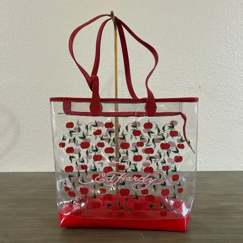 Ed Hardy Y2K Brand PVC Clear Large Two Sided Cherry Print Tote